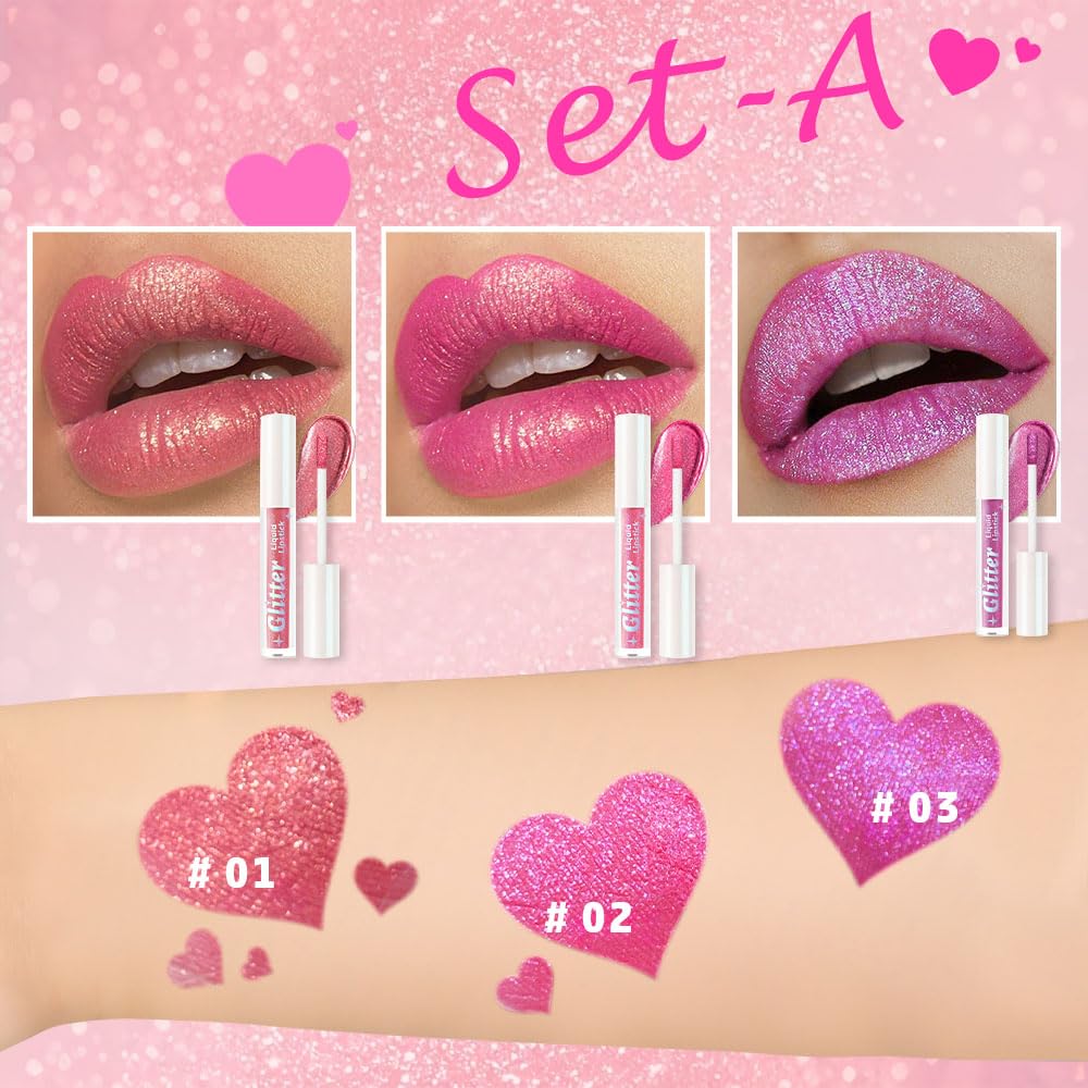 3Pcs Metallic Lipstick for Women,Lightweight Glitter Sparkling Liquid Lipsticks,Shimmer Lip Gloss Stain Long Lasting Waterproof Smudge Proof Non-Drying 24 Hour Full Coverage Lip Makeup,Vegan-BrightBean Baby