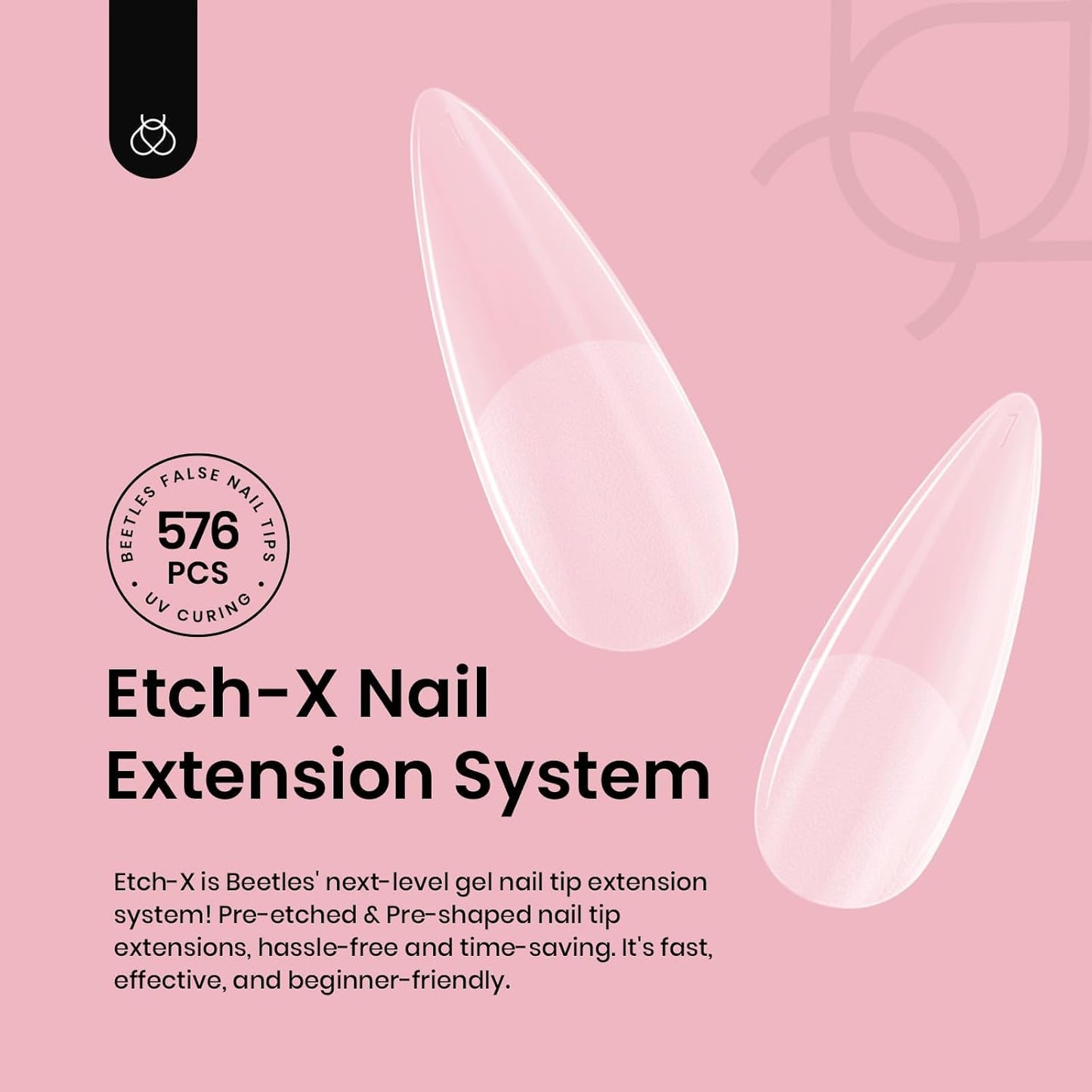 Beetles Gel Nail Tips Etch-X, Stiletto Medium, 576Pcs 12 Sizes, Pre-Etched Half Matte Full Cover Soft Acrylic Fall Halloween False Nail Tips Easy DIY Press On Nail Extensions Salon Gift for Women-BrightBean Baby