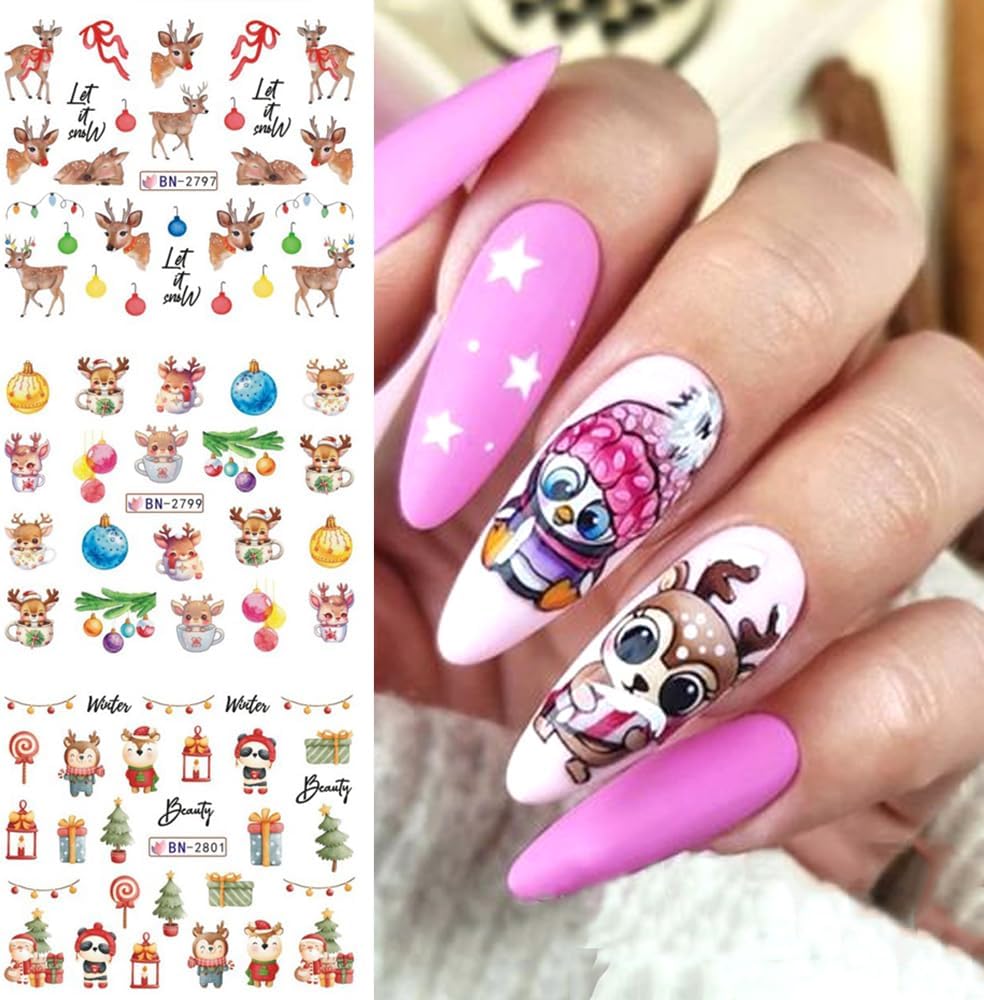Christmas Nail Art Stickers Decals Snowflake Water Transfer Slider Nail Foils for Christmas Nail Art Supplies Cartoon Santa Claus Elk Gift Polar Bear Winter Design DIY Manicure Tips Stickers for Nails-BrightBean Baby