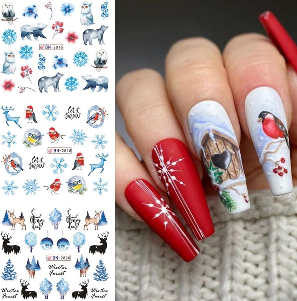 12 Sheets Snowflake Nail Art Stickers Water Transfer Nail Decals Christmas Nail Art Decorations Blue Snowflake Elk Santa Tree Bear Cute Winter Pattern Watermark Nail Stickers for Women DIY Nail Supply-BrightBean Baby