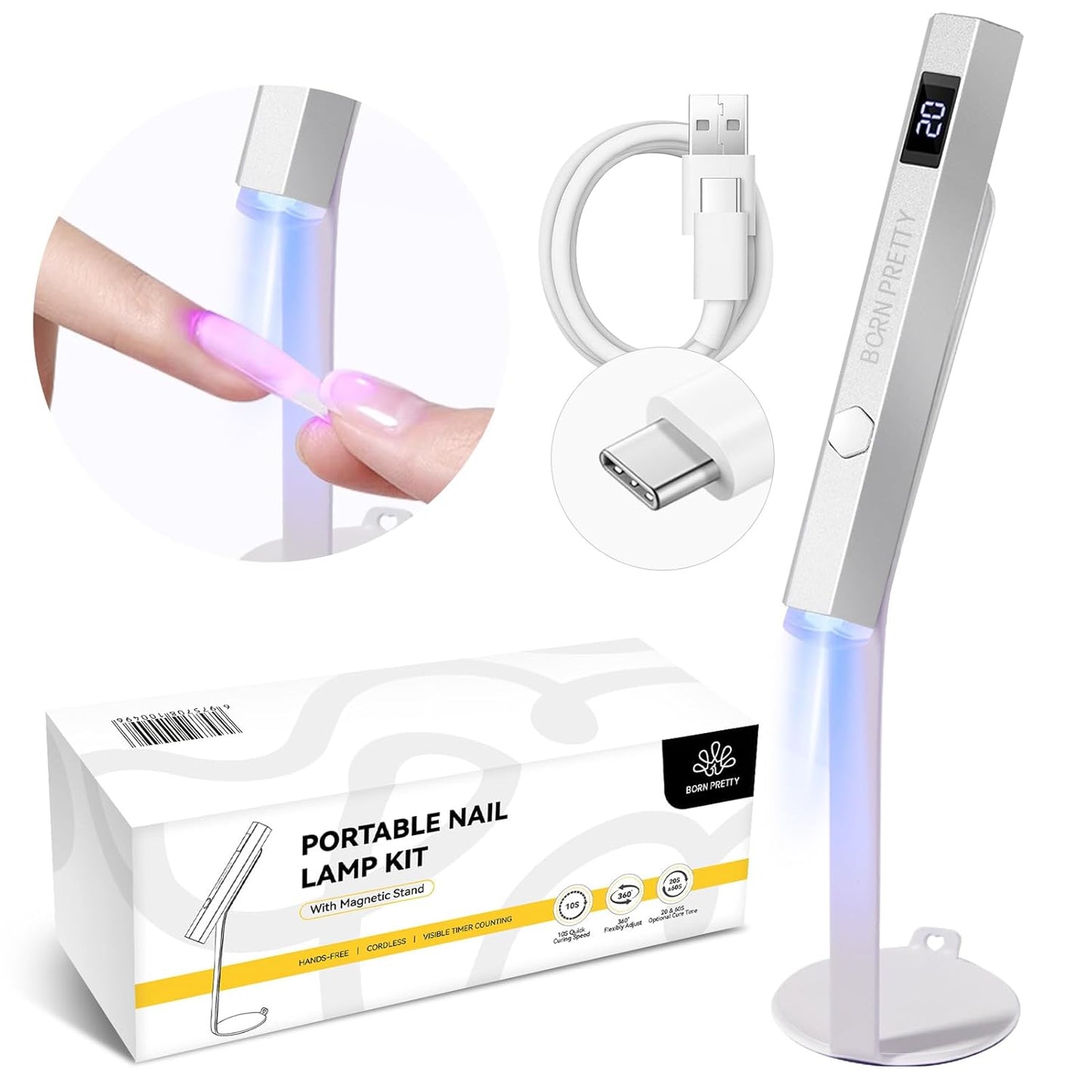 Born Pretty Handheld Magnetic U V Light for Nails, Metal Portable Mini Handheld U V Nail Light, Fast Curing U V Nail Dryer Nail Stamper Magnetic Stand Wireless Handheld LCD Display Screen-BrightBean Baby