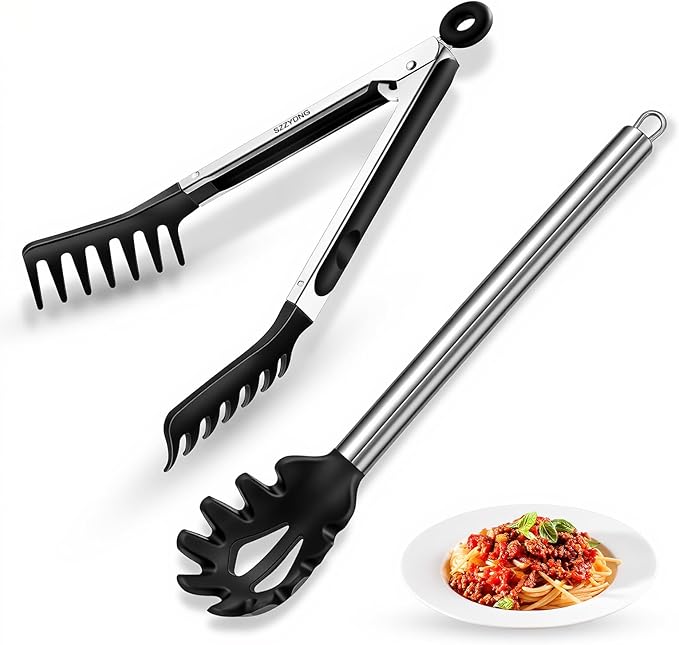 Spaghetti Spoon and Pasta Tong with Grip Teeth and Drain Holes, 2-Piece Non-Stick Silicone Head with Stainless Steel Handle, Heat Resistant Food Grade Utensils for Cooking, Serving, Salad and Noodles