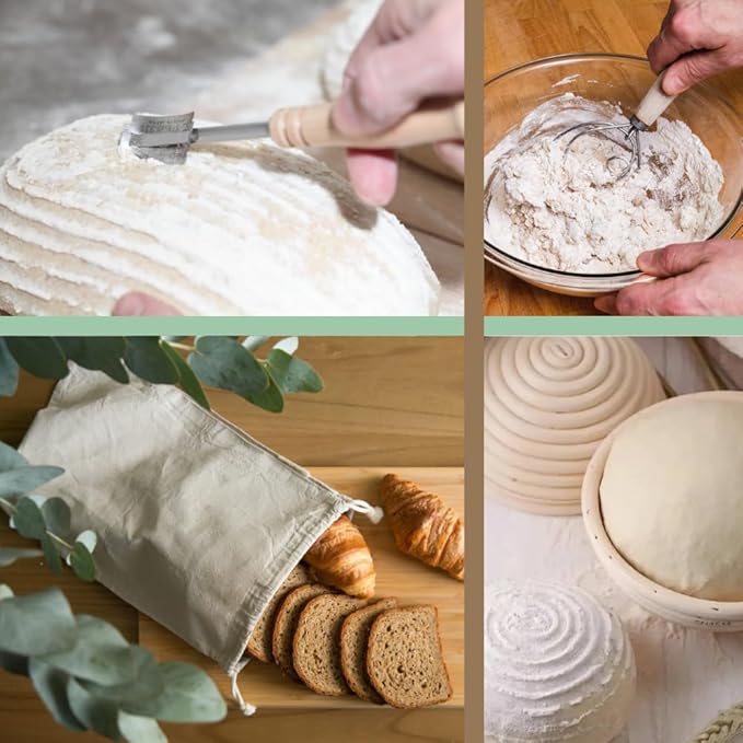 9" Round and 10" Oval Banneton Baskets with Scrapers, Bread Lame, E-Book with Recipes, Glass Jar with Strips, Labels & Chalk Pen, Spatula, Silicone Brush, Dough Whisk, Bread Bag & Heated Proofing Box