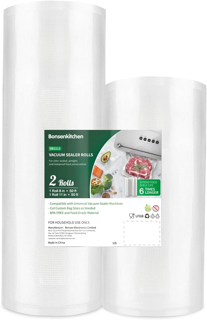 Bonsenkitchen Vacuum Food Sealer Rolls Bags, 8" x 50' & 11" x 50' Commercial Grade BPA Free Bag Rolls, Durable Customized Size Food Vac Bags for Storage and Sous Vide Cooking VB3212