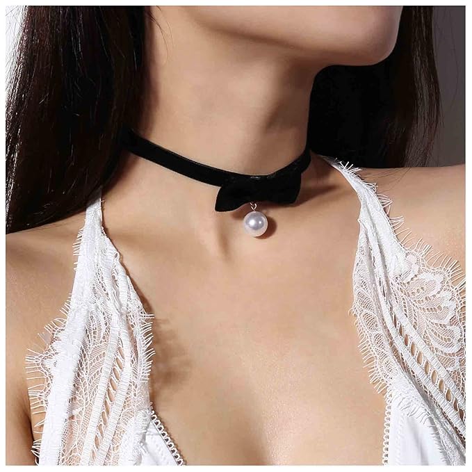 Vintage Satin Choker Necklace Pearl Pendant Necklace Black Bow Necklace Punk Leather Collar Necklace Chain Jewelry for Women and Girls-BrightBean Baby