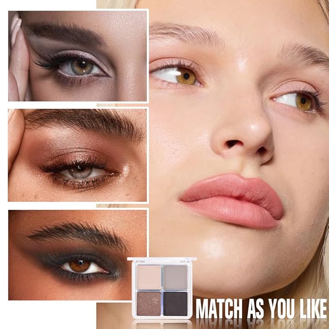 4 Colors Light Beige Gray Brown Black Eye Shadow Powder Palette Makeup, Neutral Matte Shimmer Cream Quads Eyeshadow Palette for Women Highly Pigmented Waterproof, paleta de sombras de ojos, Vegan, 07-BrightBean Baby