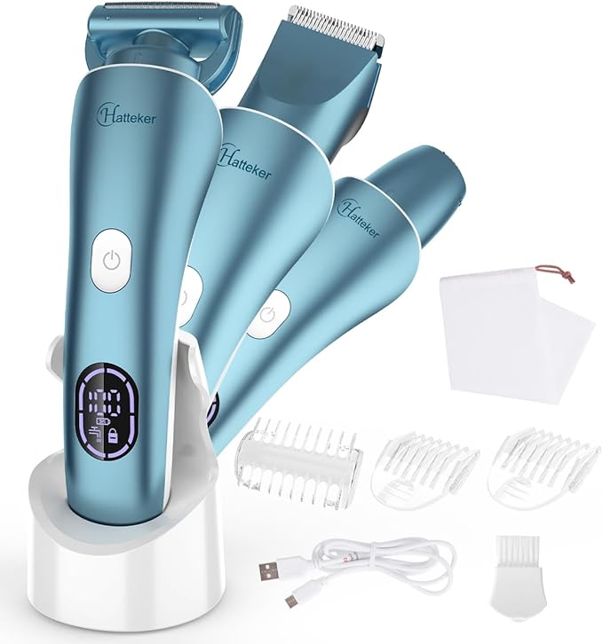 Hatteker Women's Electric Shaver Bikini Trimmer Hair Trimmer for Women Electric Razor for Legs Bikini Underarm Public Hairs Led Display IPX7 Waterproof Gift for Women (Blue)-BrightBean Baby
