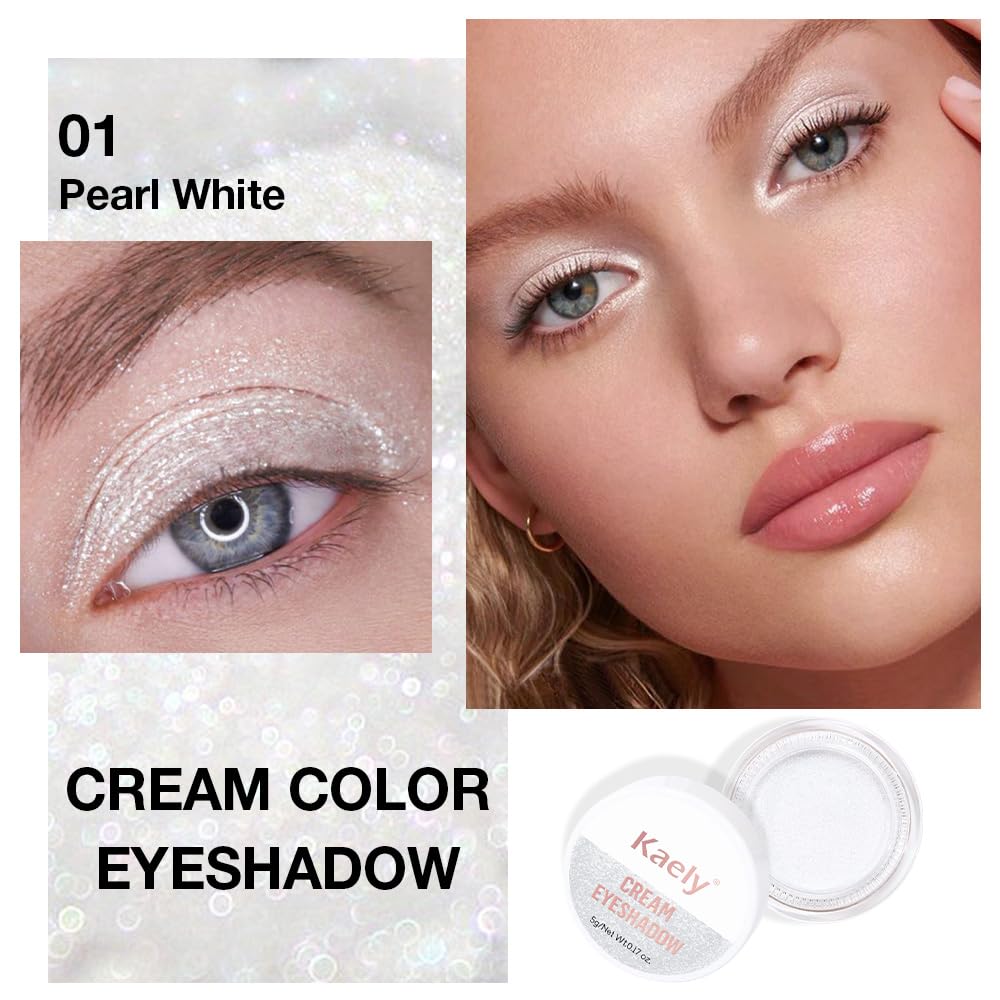 Kaely Single Cream Eyeshadow Pot, Pearl White Sparkle Eye Shadow for Older Women High Pigmented Waterproof, Natural Eyeshadow Palette Makeup Brightener, sombras en crema para ojos, Blendable, 01-BrightBean Baby