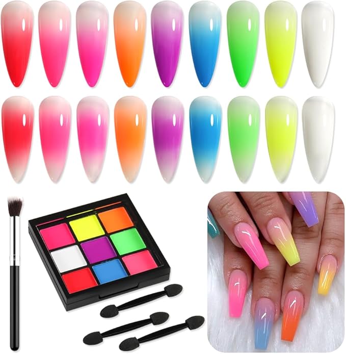 Neon Phosphor Nail Pigment Powder Palette, 9 Colors Solid Pigment Powder for Nails, Fluorescent Glitter Aura Nails Rubbing Dust with Ombre Nail Brush & Sponge Sticks Manicure Art DIY Accessories-BrightBean Baby