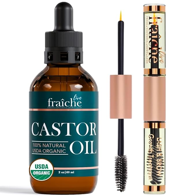 Organic Castor Oil Lash Serum for Hair Growth, 100% Pure Eyebrow Eyelash Growth Serum, Cold Pressed Hexane Free (2oz Glass Bottle + FILLED Mascara Tube)-BrightBean Baby