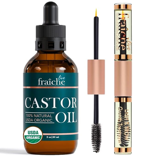 Organic Castor Oil Lash Serum for Hair Growth, 100% Pure Eyebrow Eyelash Growth Serum, Cold Pressed Hexane Free (2oz Glass Bottle + FILLED Mascara Tube)-BrightBean Baby