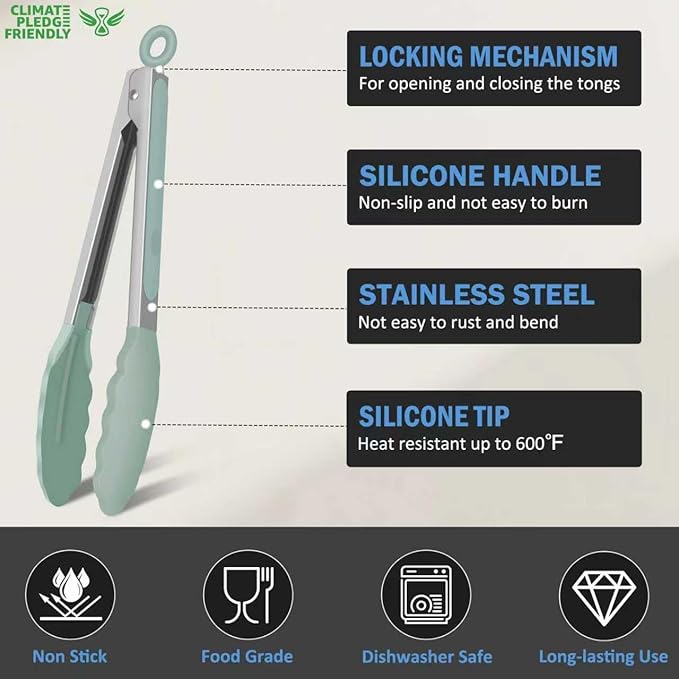 Kitchen Tongs, Stainless Steel Silicone Tongs for Cooking 600ºF High Heat-Resistant BBQ Grilling Locking Tongs, Set of 2-9" and 12" Light Green