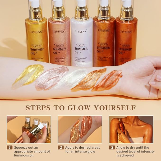 Liyalan Shimmer Body Oil 5 Color Gold 3.38 Fl Oz Face Glow Pearl Highlighter Illuminator Body Makeup Shine Glitter Gold Liquid Taning-BrightBean Baby