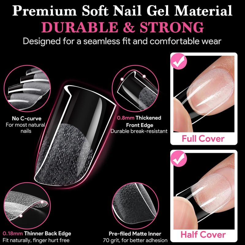 Extra Short Flat Head False Nail Tips, 15 Sizes 510 PCS Clear French Press On Fake Nail Pre-shaped Half Matte Full Cover Gel Nail Tips Extensions Long Lasting for DIY Beginners & Salon Manicure-BrightBean Baby