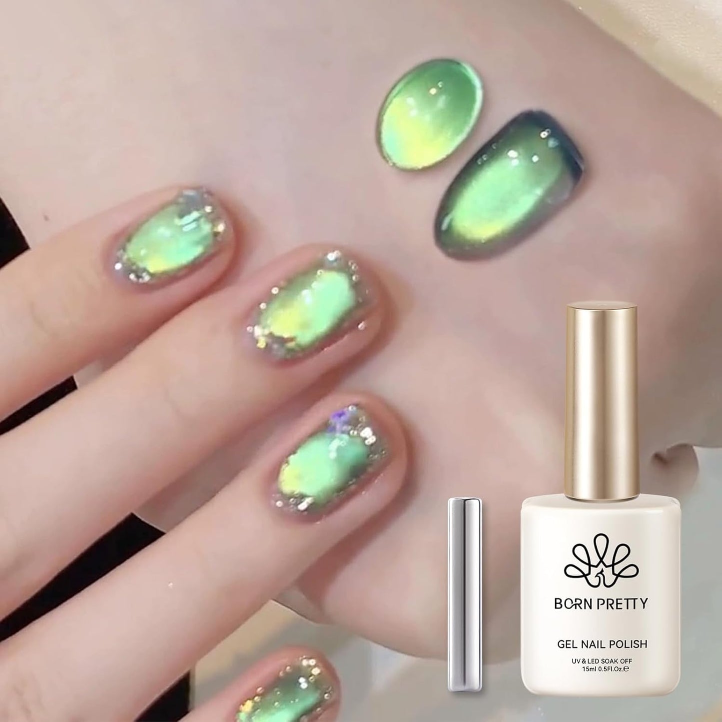 Born Pretty Cat Magnetic Gel Nail Polish, Green Gel Polish Crystal Cat Holographic Magnetic Nail Polish Nail Art Manicure Salon DIY at Home 15ML-BrightBean Baby
