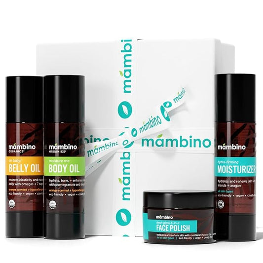 Second Trimester Set – All Natural Skincare Pregancy Gift Box – Anti-stretch mark Belly Oil, Moisturizing Body Oil, Face Polish, Face Moisturizer - Mambino Organics-BrightBean Baby
