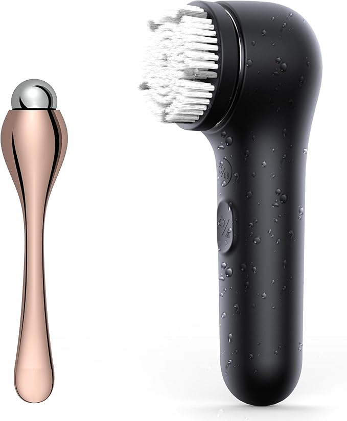 Premium Face Scrubber, Deep Pore Cleansing Brush, Waterproof & Rechargeable Face Scrub Brush for Men& Women, Electric Facial Exfoliator with 3 brushes, 3 Intensities, 2 Modes with Eye Rollor- Charcoal-BrightBean Baby