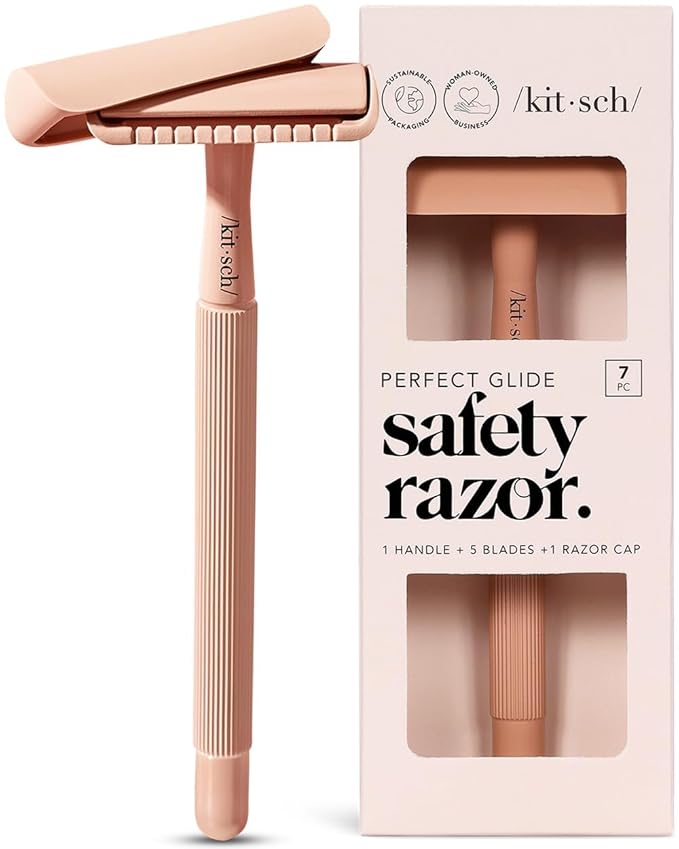 Kitsch Double Edge Safety Razors for Women and Men, Long Metal Handle and Stainless Steel Single Blade Razor with 5 Double Edge Refills, for Shaving and Travel Essentials - Terracotta-BrightBean Baby