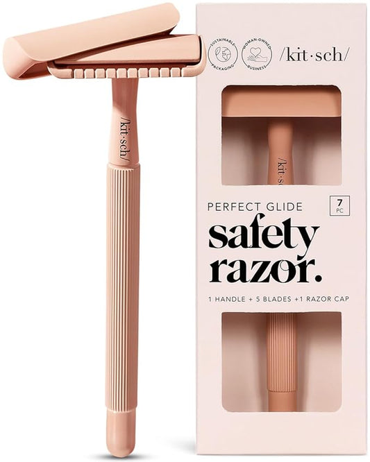 Kitsch Double Edge Safety Razors for Women and Men, Long Metal Handle and Stainless Steel Single Blade Razor with 5 Double Edge Refills, for Shaving and Travel Essentials - Terracotta-BrightBean Baby