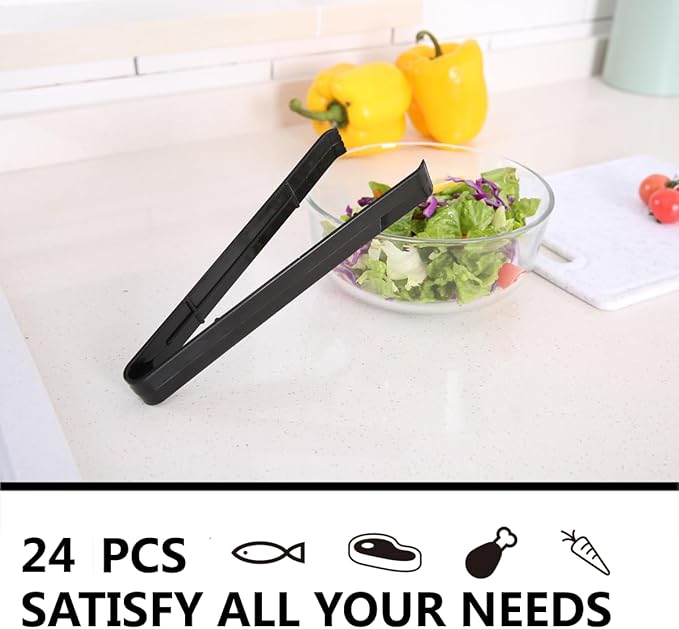 24 Pieces Plastic Salad Tongs, Black Kitchen Serving Tongs, 9 Inch Disposable Utensils Set, Perfect for Buffets and BBQ, Food Safe Material (24, Black)