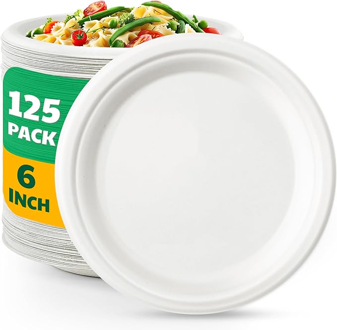 100% Compostable Paper Plates, 6 Inch, 125 Count, Heavy Duty Disposable Plates by Biodegradable Bagasse, Dessert Plates Bulk for Party | Microwave-Safe | Soak-Resistant, Cut Resistant