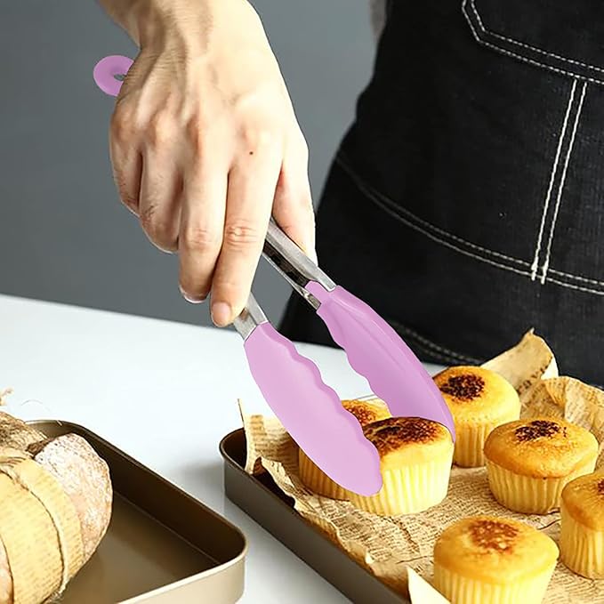 Small Serving Tongs with Silicone Tips 7-Inch Mini Tongs, Set of 3 (Pink)