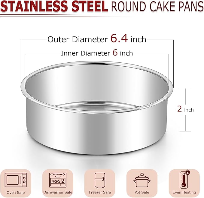 LIANYU 6 Inch Cake Pans Set of 6, Round Layer Cake Tins for Baking, Stainless Steel Round Baking Pan, Bakeware for Oven & Dishwasher, Non Toxic & Heavy Duty
