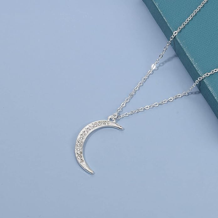 Boho Rhinestone Moon Necklace CZ Crescent Pendant Necklace Chain Minimalist Necklace Festival Jewelry for Women and Teen Girls-BrightBean Baby
