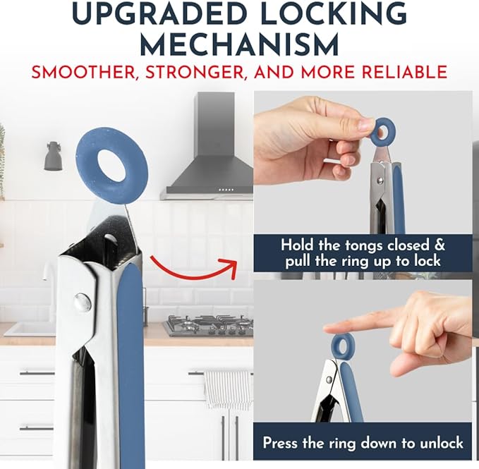 Kitchen Tongs for Cooking with Silicone Tips, Heat Resistant Tongs for Serving Food, 7-Inch, 9-Inch, 12-Inch Locking Silicone Tong, Set of 3 Salad Tong, Blue Kitchen Utensils