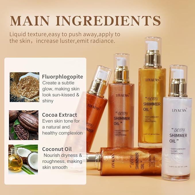 Liyalan Shimmer Body Oil 5 Color Gold 3.38 Fl Oz Face Glow Pearl Highlighter Illuminator Body Makeup Shine Glitter Gold Liquid Taning-BrightBean Baby