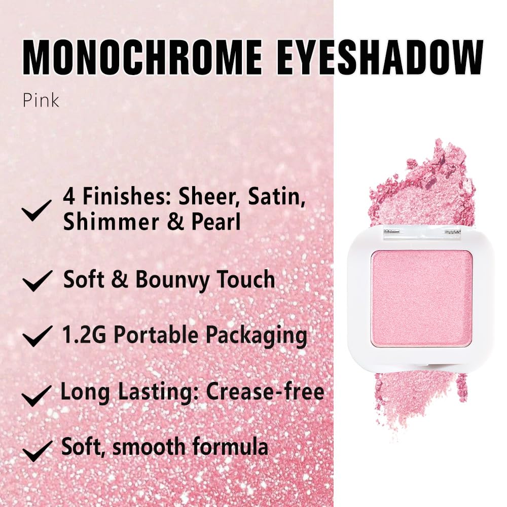 Shimmer Singe Eye Shadow Palette Makeup, Pink Sparkle Shimmer Monochrome Eyeshadow For Old Women, Mini Pressed Pigmented Waterproof Sombras Para Ojos, Vegan, Talc, Paraben & Cruelty Free, 11-BrightBean Baby