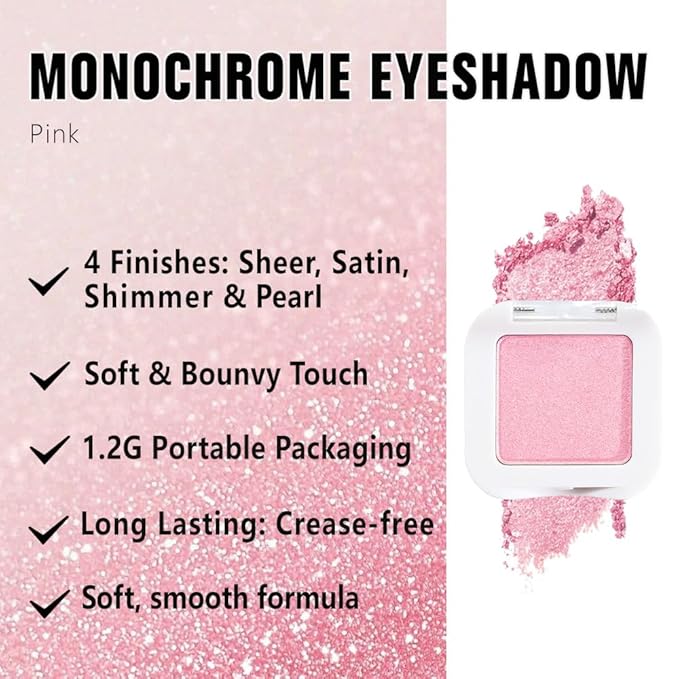 evpct Pink Single Eyeshadow Palette, Bright Light Pink Rose Glitter Shimmer Sparkle Cream Eye Shadow Palette Makeup for Older Women, High Pigment Waterproof Monochrome Mini Eyeshadow Makeup Products-BrightBean Baby