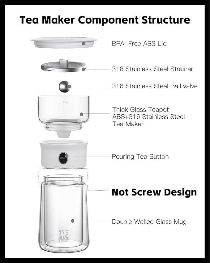 ZENS Modern Tea Pot, Glass Teapot with Infusers for Loose Tea Diffusers with One Touch Pouring, Cool Portable Tea Maker with Insulated Tea Mug and Travel Tea Kits for Tea Lover Gifts