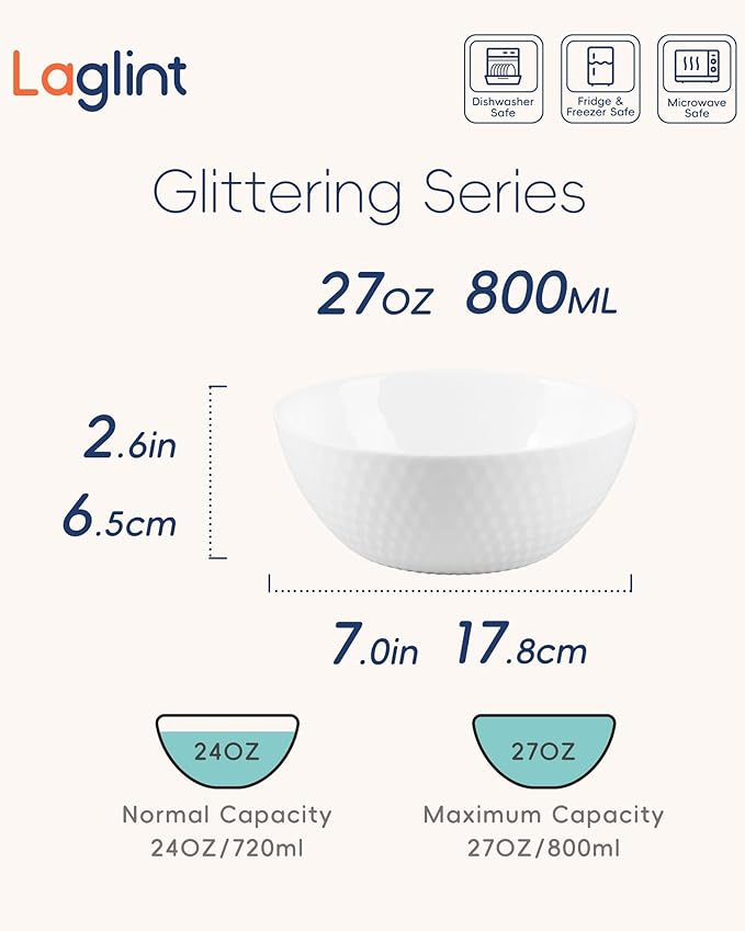 27 OZ Max Cereal Soup Bowl Set of 6, Opal Glass 7.2 inch White Geometric Faceted Bowls for Ramen, Noodle, Salad, Fruit, Dishwasher and Microwave Safe