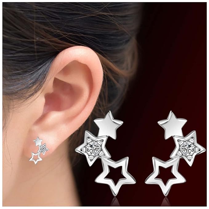 Bohemia Star Climber Crawler Earrings Silver Crystal Star Ear Climber Earrings Cluster Star Studs Earring Festival Earrings Jewelry for Women and Girls (Silver)-BrightBean Baby