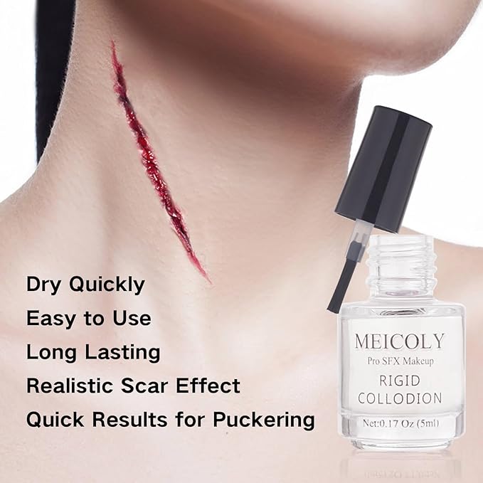 MEICOLY Rigid Collodion and Remover Kit,Scarring Liquid with Brush,Professional Scar Makeup for Halloween SFX Cosplay,Liquid Scar Fake Scar Makeup for Theater Stage Performance,Collodion Scar Liquid-BrightBean Baby