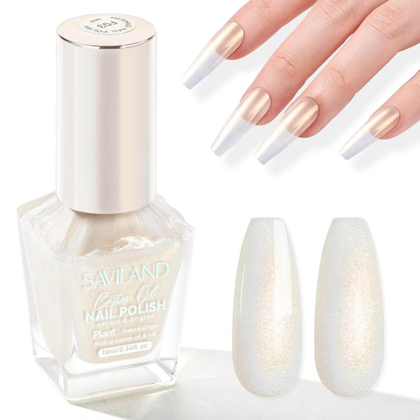 SAVILAND Color Artistry Pearl White Gold Nail Polish - 7 Days Shimmer Glitter Fingernail Polish, Ultra Quick Dry & Long-Lasting Pearlescent Sheen Nail Lacquer Nail Art Effect Home Manicure Gift Women-BrightBean Baby