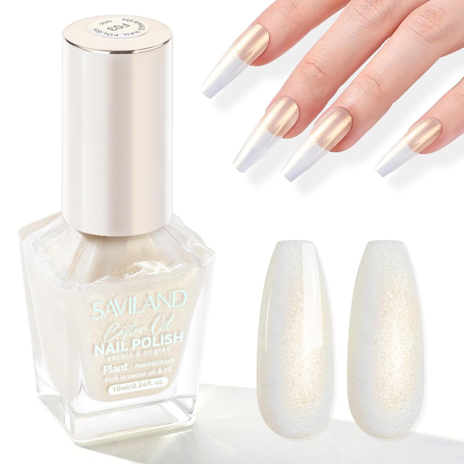 SAVILAND Color Artistry Pearl White Gold Nail Polish - 7 Days Shimmer Glitter Fingernail Polish, Ultra Quick Dry & Long-Lasting Pearlescent Sheen Nail Lacquer Nail Art Effect Home Manicure Gift Women-BrightBean Baby