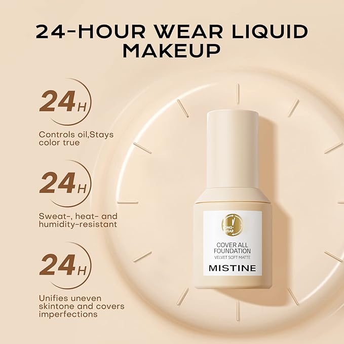 MISTINE Full Coverage Foundation Makeup for Oily Skin,24 Hour Oil Control Liquid Foundation,Skin-Caring,Moisturizing Formula,Cream Foundation,Matte Finish,Mocha,1 Fl Oz-BrightBean Baby