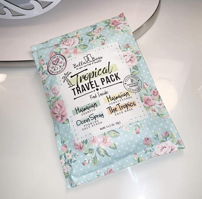 Bella & Bear Tropical Travel Pack, Self Care Kit, Includes Cruelty Free Shampoo, Conditioner, Body Scrub, Face Mask,1oz, Pack of 4-BrightBean Baby