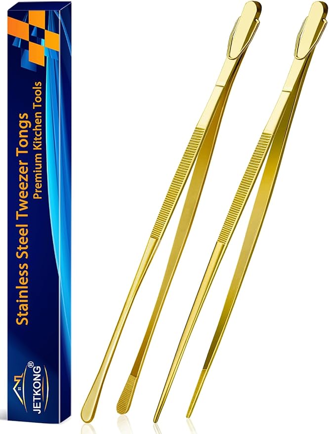 JETKONG 2 Pcs 14-Inch Cooking Tweezers Extra Long Stainless Steel Food Tweezers Kitchen Tweezer Tongs (Gold)