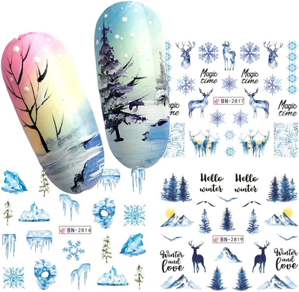 12 Sheets Snowflake Nail Art Stickers Water Transfer Nail Decals Christmas Nail Art Decorations Blue Snowflake Elk Santa Tree Bear Cute Winter Pattern Watermark Nail Stickers for Women DIY Nail Supply-BrightBean Baby