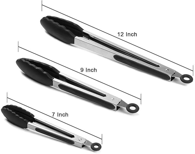 Kitchen Tongs for Cooking with Silicone Tips, Heat Resistant Kitchen Utensils Locking Silicone Tongs, Serving Food Tong Set of 3, 7,9,12 Inch