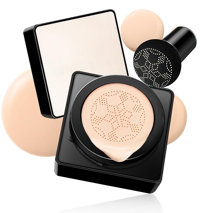 Air Cushion CC Cream Mushroom Head - Moisturizing & Oil Control Screw Lid Concealer Makeup Base, Primer Liquid Foundation Long Lasting with Mushroom Makeup Sponges for All Skin Types (Natural)-BrightBean Baby