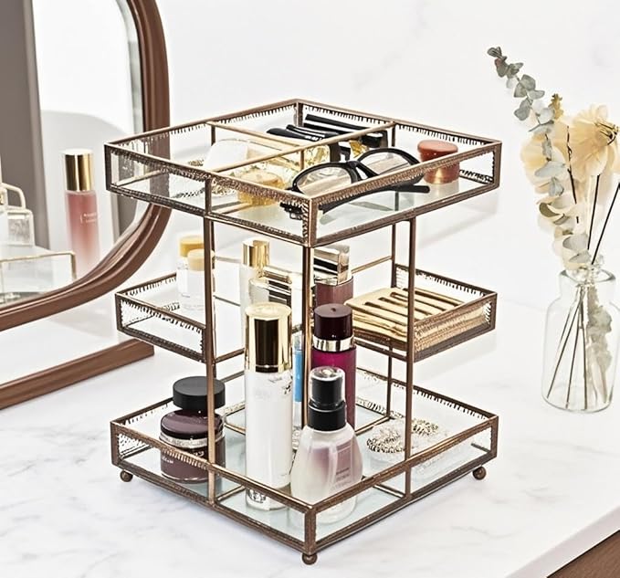 Vintage Glow Antique 360 Degree Rotating Makeup Organizer,4-Tier Spinning Perfume Tray,Countertop Cosmetic Storage,Glass Beauty Display,Retro Large Capacity Vanity Organizer for Brushes Skincare-BrightBean Baby