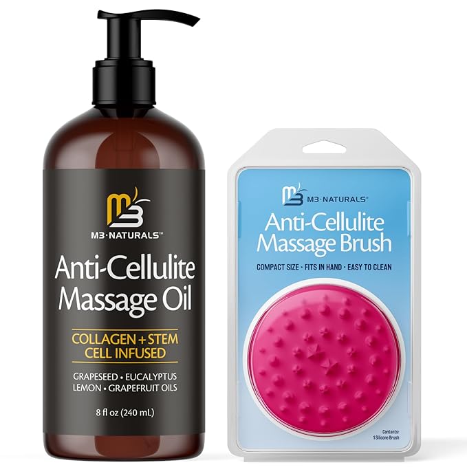 M3 Naturals Anti Cellulite Massage Oil and Silicone Body Brush – Collagen and Stem Cell Skin Tightening Formula for Smoothing and Firming – 8 Fl Oz-BrightBean Baby