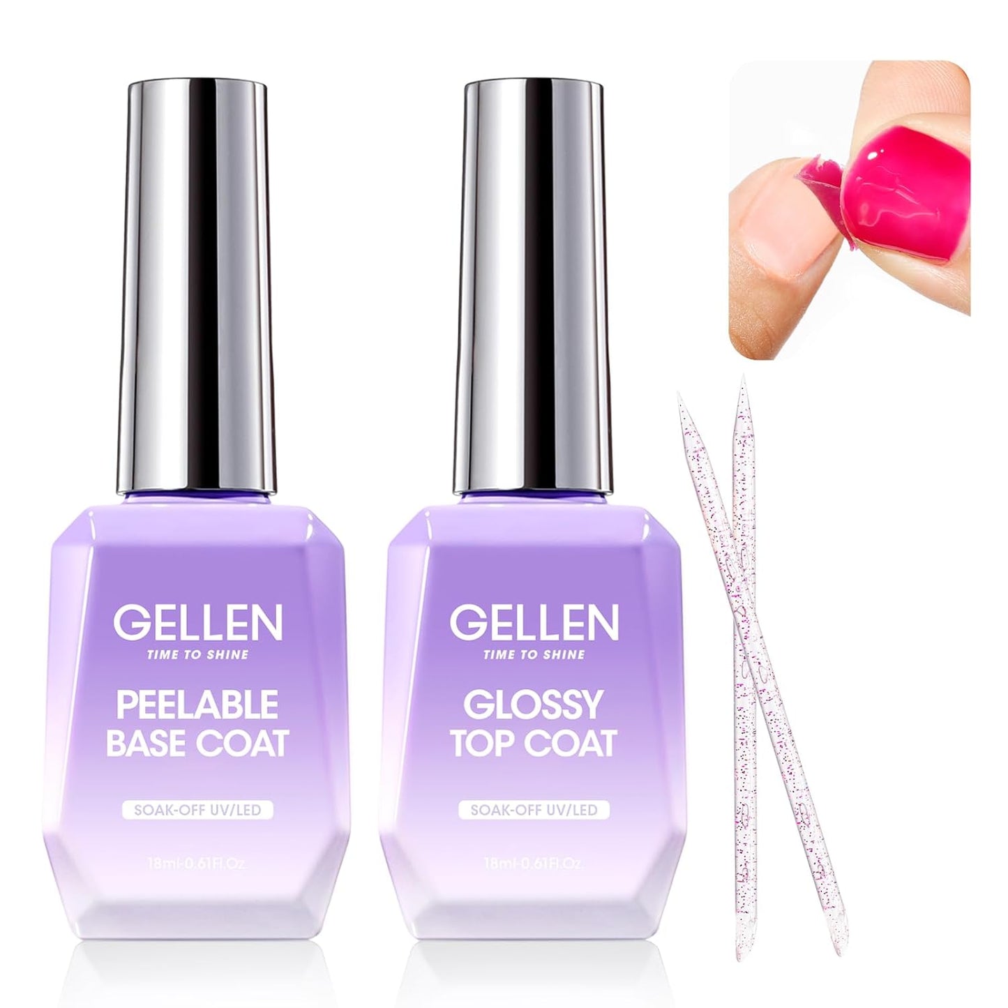 GELLEN Peel Off Gel Base Coat and Top Coat Set, Peelable Base Gel without Soaking, Clear Top Coat Nail Polish, UV LED Lamp Needed, Home DIY Nail Art Manicure Set-BrightBean Baby