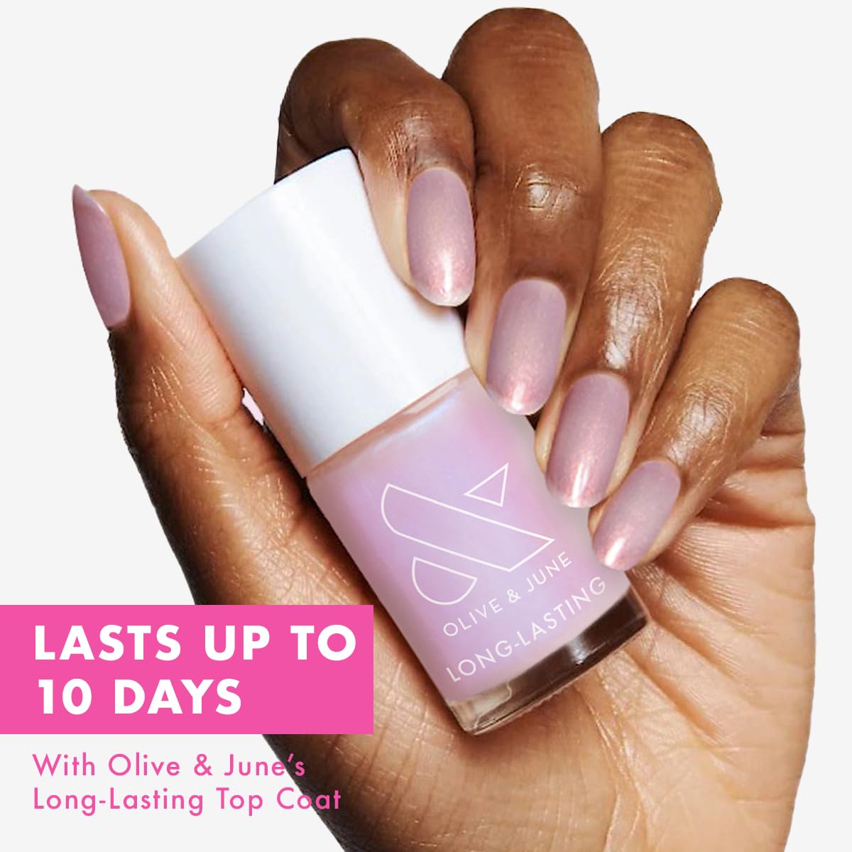 Olive & June Long Lasting Nail Polish | Plump, Gel-Like Finish No Lamp Needed | Lasts up to 10 days | Salon-Quality at Home | 15-Free, Vegan Cruelty-Free Chip-Resistant | Pink Goldfish Pink Iridescent-BrightBean Baby