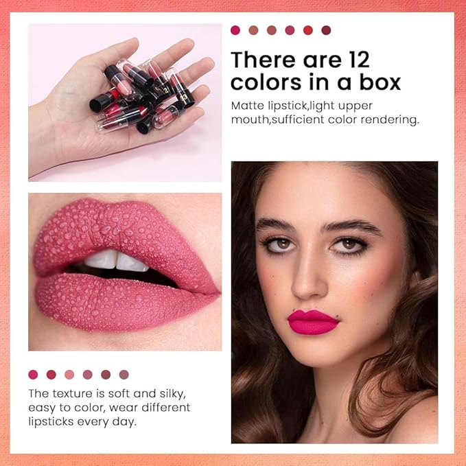 evpct 12Pcs Mini Pills Lipstick Capsule Set for Women Waterproof Long Lasting, Dark Ruby Plum Rose Red Nude Pink Mauve Taupe Brown Matte Small Magic Permanent 24 Hour Lipstick Bulk Samples 01-BrightBean Baby