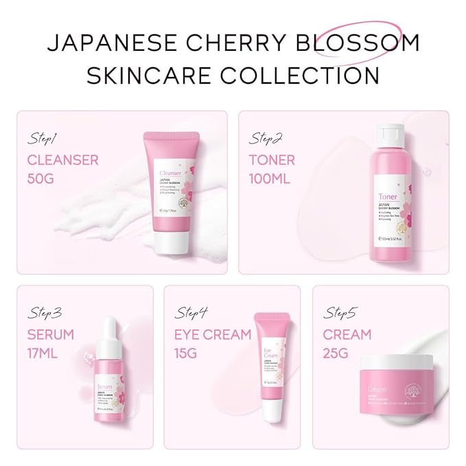 Greyghost Skin Care Set for Teenage Girls Women, 5 Pcs Cherry Blossom Skincare Set - Cleanser, Toner, Serum, Eye cream, Cream, Gentle Skin Cleaning & Care Gift Set, Travel Size Skin Care Set-BrightBean Baby